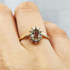 1,05CT Zultanit 0,30CT Pırlanta(Signty) Taşlı Anturajlı Vintage Tasarım Modern 925 Ayar Gümüş Yüzük