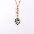 Vintage Tasarım Sallantılı Oval Su Yeşili Taşlı Zirkon Taşlarla Süslenmiş 925 Ayar Gümüş Kolye