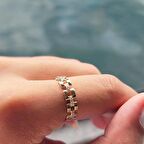 Taşlı Kare Zincir 14 Ayar Altın Yüzük-Taşlı Minimal Altın Alyans-Hediye Altın Tasarım Eklem Yüzüğü