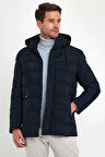 Erkek Lacivert Standart Fit Normal Kesim İçi Kürklü Çıkmalı Kapüşon Dik Yaka Mont