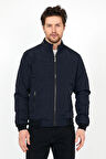Yeni Sezon Erkek Lacivert Mevsimlik Triko Ve Deri Biye Detaylı Fermuarlı İç Cepli Mont&Ceket