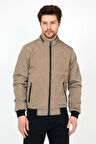 Yeni Sezon Erkek Krem Mevsimlik Triko Ve Deri Biye Detaylı Fermuarlı İç Cepli Mont&Ceket