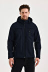 Lacivert Erkek %100 Su Geçirmez İçi Polarlı İç Çepli Çıkartılabilir Kapüşonlu Softshell Mont&Kaban 