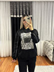 Leopar Detay Kapüşonlü Sweatshirt Siyah