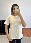 Marka Muadil Kuş Serpme Taşlı T-Shirt Kırık Beyaz