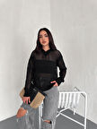 KADIN SİYAH KAPÜŞONLU BAĞCIKLI AJURLU TRİKO BLUZ