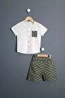 Erkek Çocuk Müslin Gömlek Şort 2'li Takım GG Tasarım Yeşil 2-3-4-5 Yaş Seçenekli