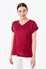 Kadın V Yaka Önü Saten Bluz Bordo