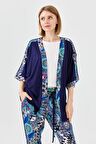 Kadın Karışık Desenli Yarasa Kol Penye Ceket Lacivert