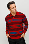 Erkek Polo Yaka Renkli Çizgili Kalın Yün Kazak K.Kırmızı