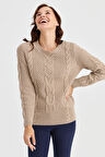 Kadın Sıfır Yaka Ortası Saç Örgü Yün Kazak K.Bej
