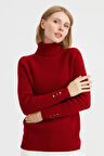 Kadın Tam Balıkçı Yaka Kol Ucu Düğmeli Yün Kazak K.Kırmızı