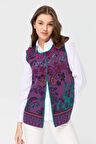 Kadın Sıfır Yaka Sarmaşık Desenli Yün Yelek A.Mor