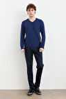 Erkek V Yaka Basic Yün Kazak İndigo