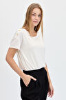 Kadın Sıfır Yaka Omuzları Düğmeli Tshirt Ekru