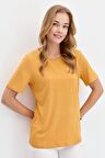 Kadın Sıfır Yaka Flamlı Kumaş Penye Tshirt Hardal