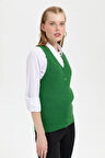 Kadın V Yaka Dikişsiz Yelek K.Yosun