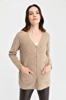 Kadın V Yaka Dikişsiz Önü Baklavalı Düğmeli Yün Hırka K.Bej