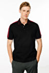 Erkek Polo Yaka Omuzu Şeritli T-shirt Siyah