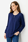 Kadın Sıfır Yaka Uzun Kollu Penye Bluz İndigo