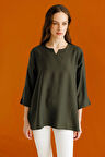 Kadın Yakası Kolu ve Eteği Yırtmaçlı Bluz Haki