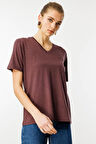 Kadın V Yaka Flamlı Kumaş Basic Tshirt Kahve