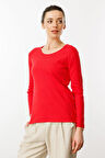 Kadın Sıfır Yaka Uzun Kol Basic Pamuklu Bluz Kırmızı