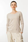 Kadın Sıfır Yaka Uzun Kol Basic Pamuklu Bluz Bej