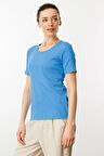 Kadın Sıfır Yaka Kısa Kol Pamuk Kaşkorse T-shirt Mavi