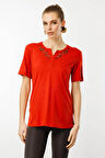 Kadın Açma Yaka Nakış İşlemeli Penye T-shirt Oranj