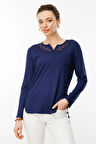 Kadın Nakış İşlemeli Uzun Kollu Penye Bluz Lacivert