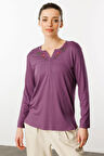 Kadın Nakış İşlemeli Uzun Kollu Penye Bluz Lila