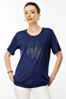 Kadın Sıfır Yaka Taş Baskılı Penye T-Shirt Lacivert