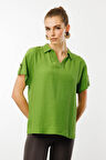Kadın Polo Yaka Düşük Kollu Gömlek Yeşil