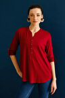 Kadın Açma Yaka Önü Düğmeli Penye Bluz Vişne