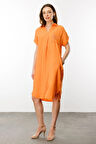 Kadın Polo Yaka Cebi Zincir Detaylı Elbise Oranj