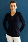 Kadın Polo Yaka Yakası Nakışlı Bluz Lacivert