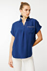 Kadın Polo Yaka Düşük Kol Gömlek Lacivert