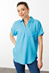 Kadın Polo Yaka Düşük Kol Gömlek Mavi
