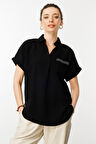 Kadın Polo Yaka Düşük Kol Gömlek Siyah