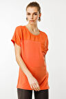 Kadın Sıfır Yaka Önü Cepli Penye T-shirt Oranj