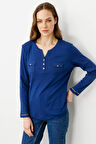 Kadın Açma Yaka Önü Cepli Pamuklu Bluz Lacivert