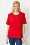 Kadın Sıfır Yaka Basic Penye T-shirt Kırmızı