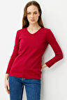Kadın V Yaka Kaşkorse Pamuk Bluz Vişne
