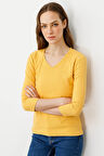 Kadın V Yaka Kaşkorse Pamuk Bluz Hardal