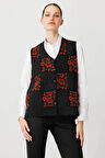 Kadın Pıtırcık Çiçekli Patchwork Keçe Yün Yelek Siyah_K.Kiremit
