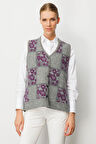 Kadın Pıtırcık Çiçekli Patchwork Keçe Yün Yelek Y.Füme_A.Mor