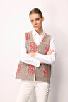 Kadın Pıtırcık Çiçekli Patchwork Keçe Yün Yelek Bej_Y.Ş.Pembe
