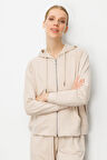Kadın Kanguru Cepli Sweat Eşofman Üstü Bej