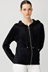 Kadın Kapüşonlu Fermuarlı Kısa Triko Sweatshirt Siyah